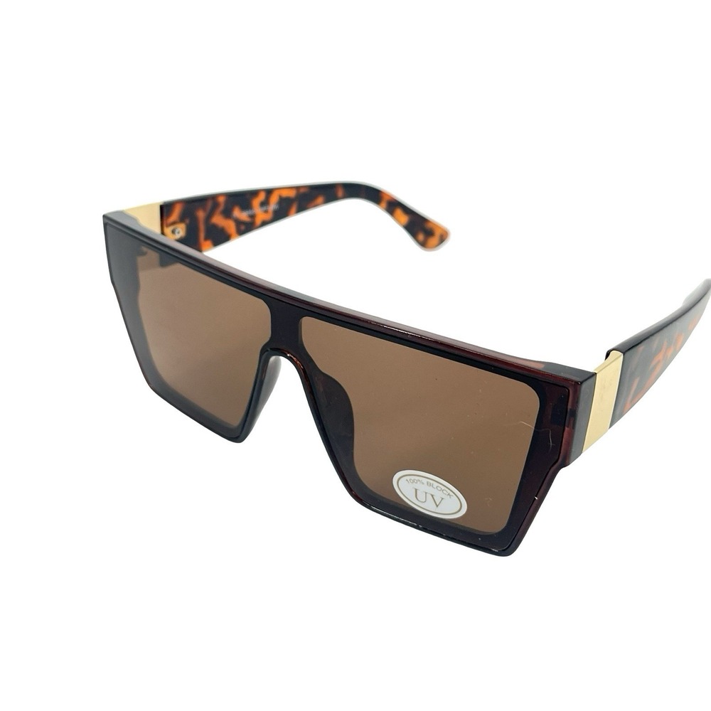 Oversized Shield Sunglasses Tortoise Brown Lens Gold Accent Y2K Retro Statement